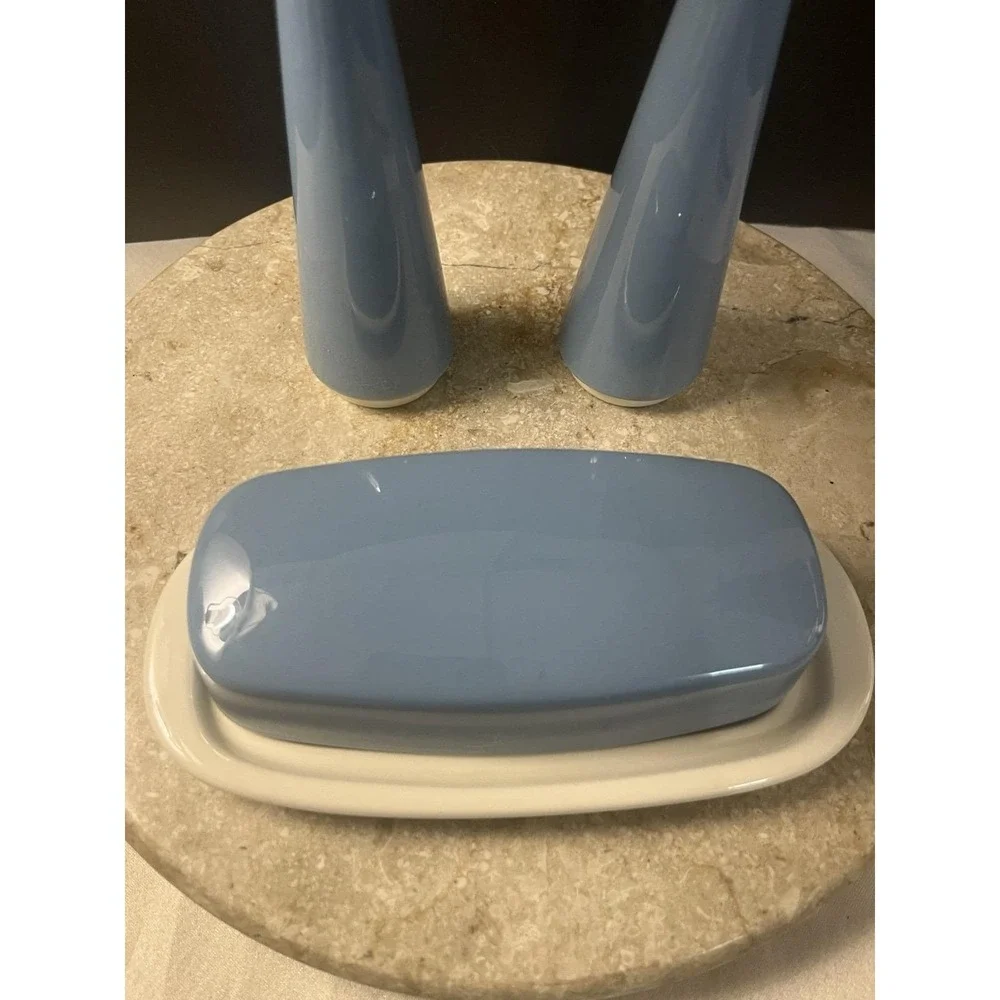 1960's Homer Laughlin Orbit Blue Covered Butter Dish W/ Salt And Pepper Shakers